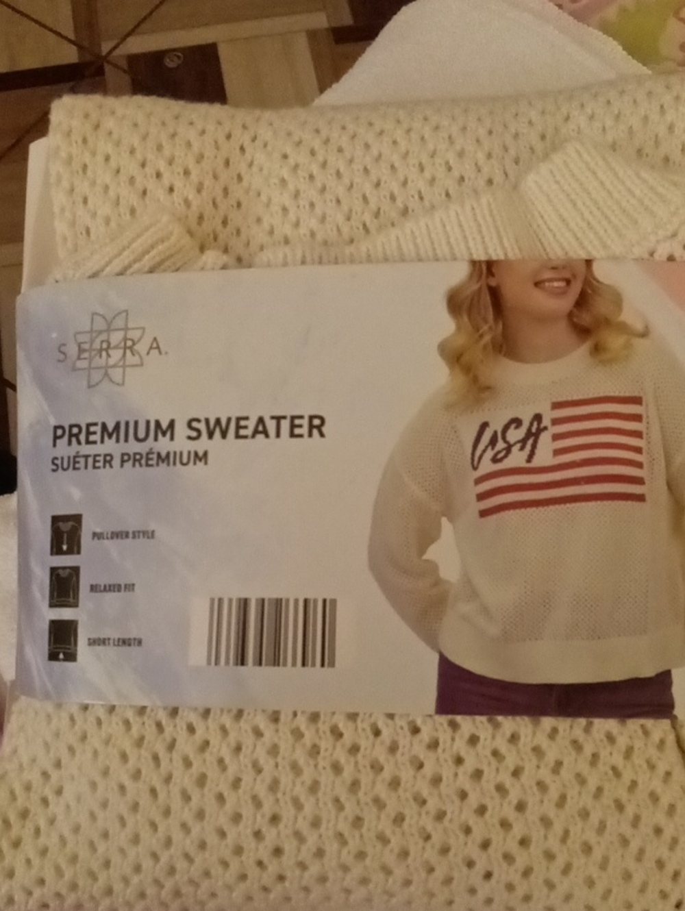Serra Cream Knit Sweater with Red USA Stripe Graphic